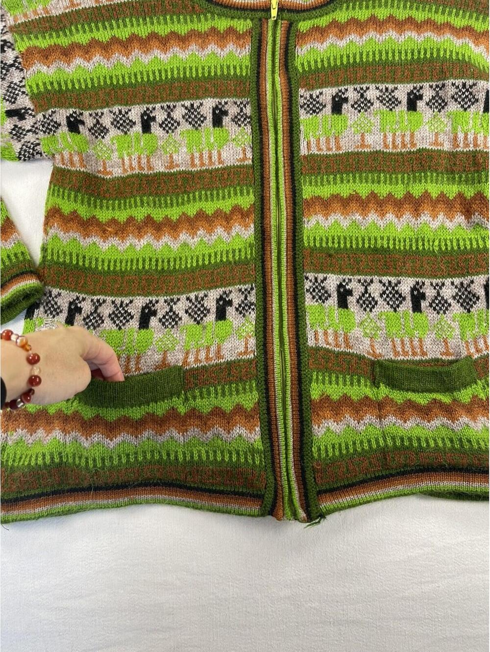 READ handmade Alpaca Zip Front Cardigan Women Sweater Llama Green Brown Ecuador - Picture 2 of 10